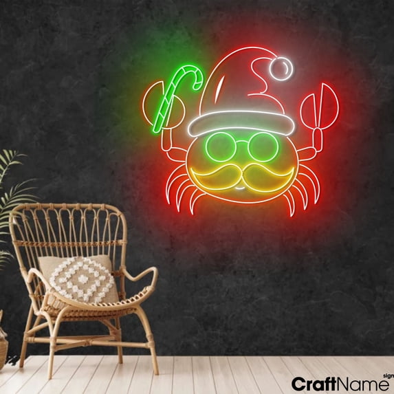 Craftnamesign Crab Santa Hat Neon Light, Seafood Restaurant LED Sign, Christmas Wall Art