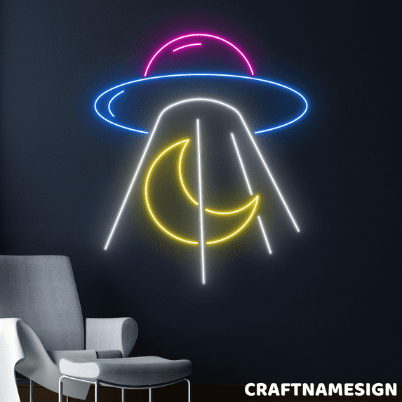 Craftnamesign UFO Abduction Moon Neon Sign, UFO Led Light Wall Art, Moon Wall Decor