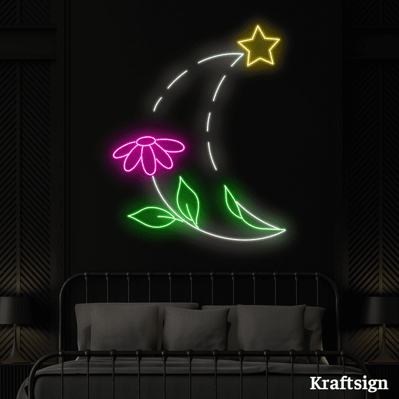Craftnamesign Crescent Moon Flower Neon Sign, Bedroom Decor, Star LED Sign