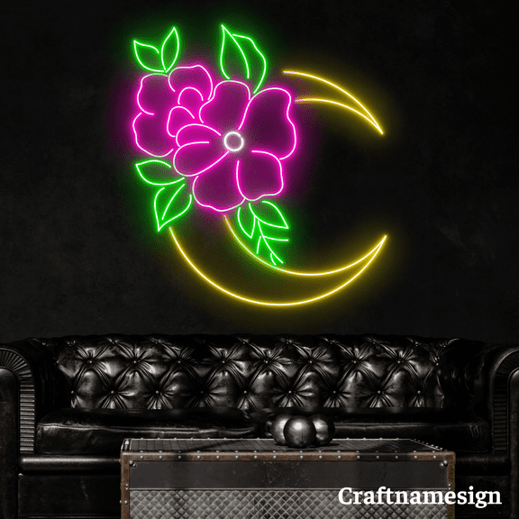 Craftnamesign Crescent Moon With Flower Neon Sign for Bedroom Bar Coffee Shop Wall Art