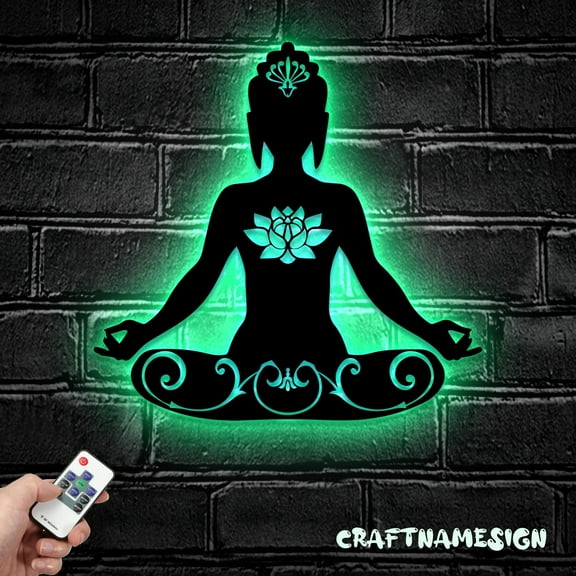 Craftnamesign Custom Yoga Buddha Lotus Metal Wall Art LED Light, Buddhist Namaste Sign Home Decor