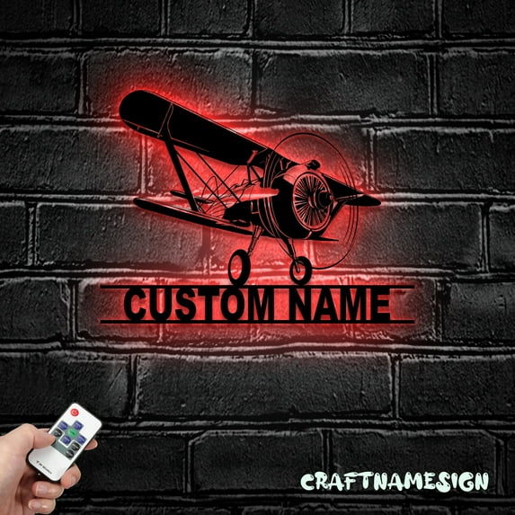 Craftnamesign Custom Aeroplane Metal Wall Art LED Light, Personalized Airplane Name Sign
