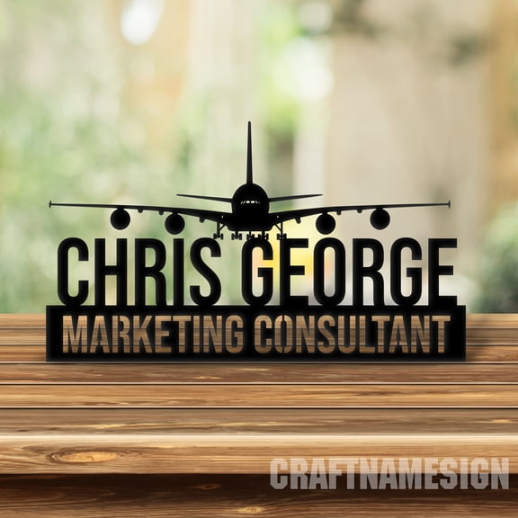 Craftnamesign Custom Airplane Lover Wooden Desk Name Plate, Pilots Metal Nameplate For Desk