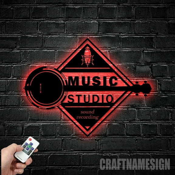 Craftnamesign Custom Music Studio Metal Wall Art LED Light, Personalized Music Audio Name Sign