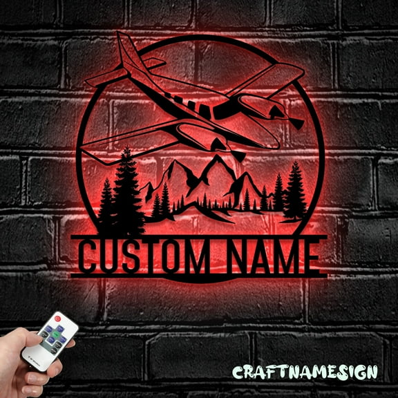 Craftnamesign Custom Airplane Metal Wall Art LED Light, Personalized Pilot Name Sign Home Decor
