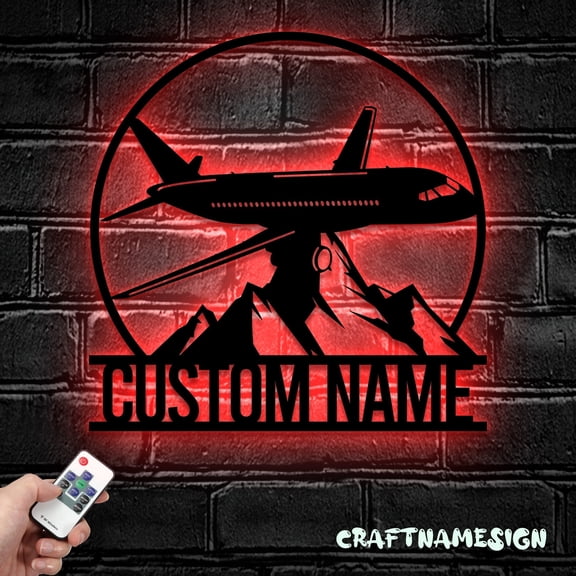 Craftnamesign Custom Airplane Metal Wall Art LED Light, Personalized Pilot Name Sign Home Decor