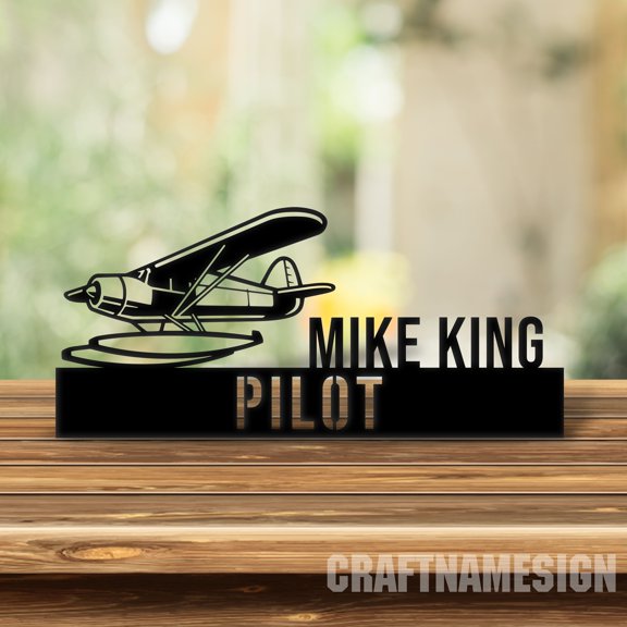 Craftnamesign Custom Airplane Wooden Desk Name Plate, Pilots Metal Nameplate, Airplane Office Decor