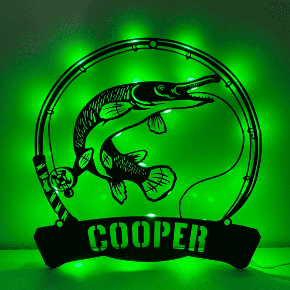 Craftnamesign Custom Alligator Gar Fishing Metal LED Light, Fisher Name Sign Home Decor