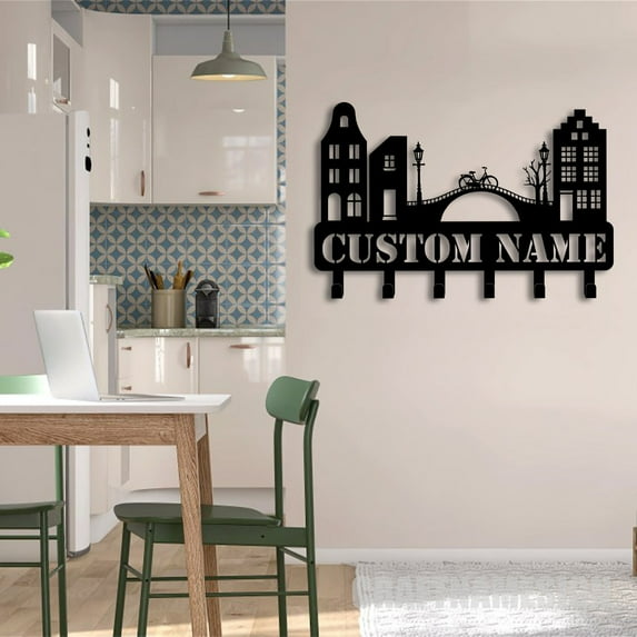 Craftnamesign Custom Ancient Town Metal Key Holder, Hometown Decor Key Holder, Metal Key Hanger
