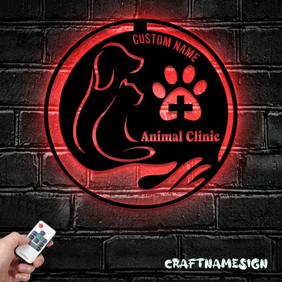 Craftnamesign Custom Animal Clinic Metal Wall Art LED Light, Vet Care Sign, Pet Clinic Decor