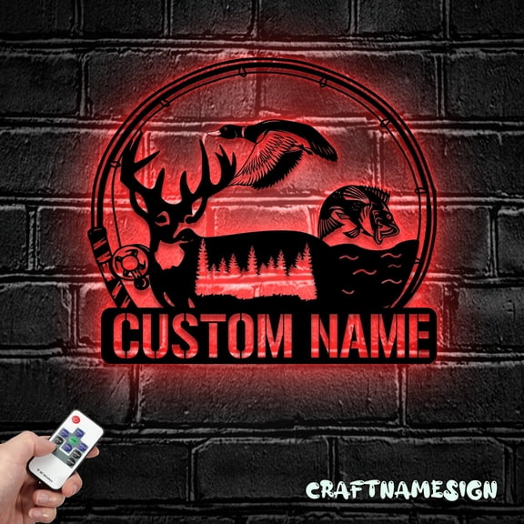 Craftnamesign Custom Animal Hunting Metal Wall Art LED Light, Personalized Hunter Name Sign