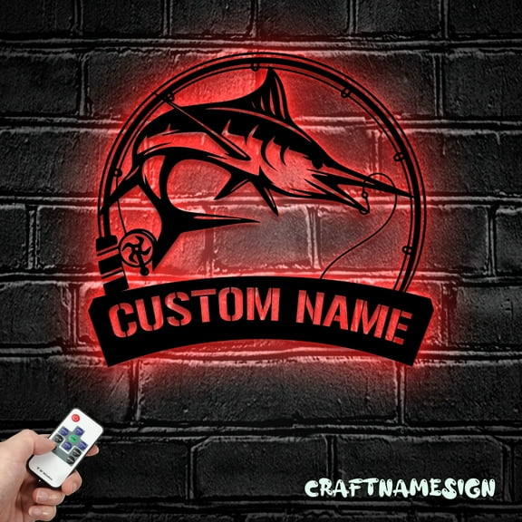Craftnamesign Custom Atlantic Blue Marlin Fishing Metal Wall Art LED Light