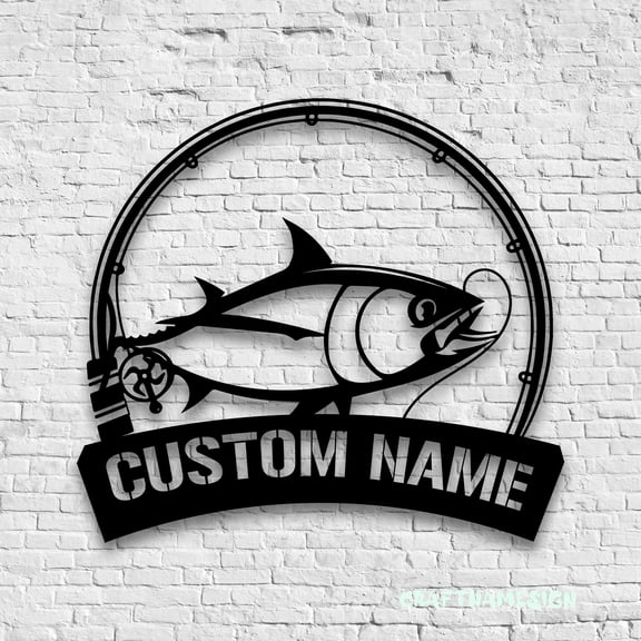 Craftnamesign Custom Atlantic Bluefin Tuna Fishing Metal Wall Art LED Light, Fishing Sign
