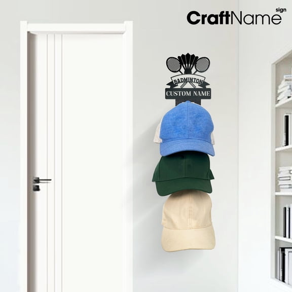 Craftnamesign Custom Badminton Metal Hat Rack, Wall Mounted Cap Organizer For Badminton Player