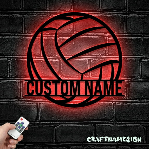 Craftnamesign Custom Ball Volleyball Metal Wall Art LED Light, Custom Volleyball Player Name Sign
