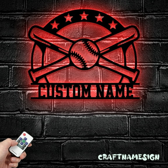Craftnamesign Custom Baseball Bat Metal Wall Art LED Light, Custom Softball Player Name Sign