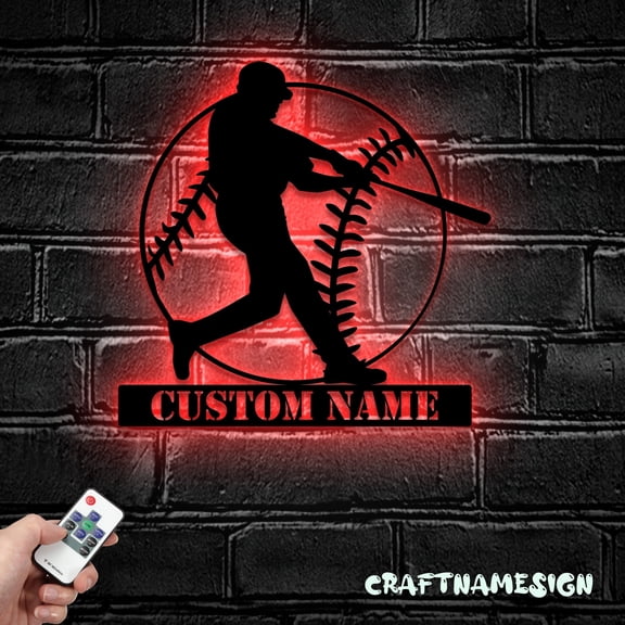 Craftnamesign Custom Baseball Metal Wall Art LED Light, Personalized Softball Player Name Sign