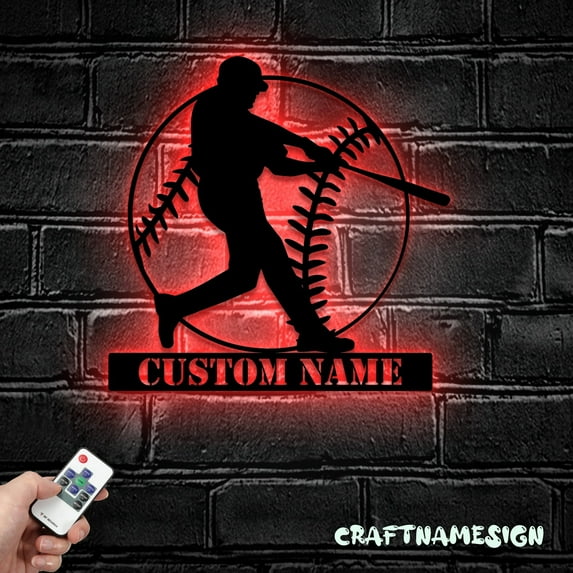 Craftnamesign Custom Baseball Metal Wall Art LED Light, Personalized Softball Player Name Sign