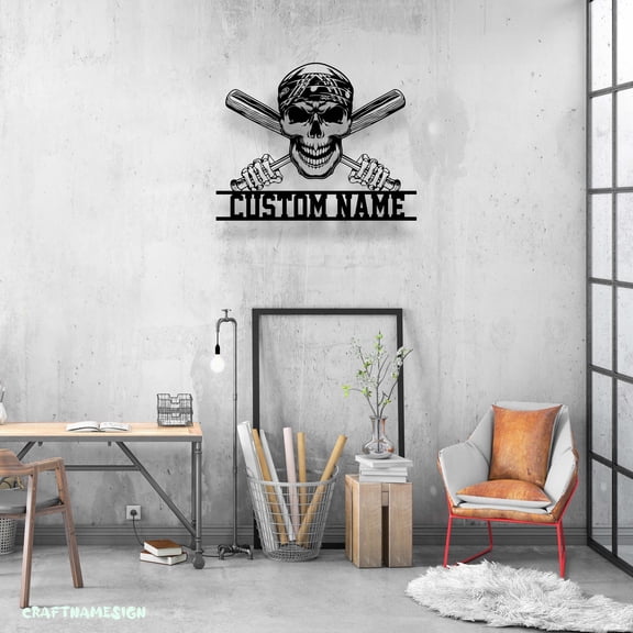Craftnamesign Custom Baseball Skull Metal Wall Art LED Light, Custom Softball Player Name Sign