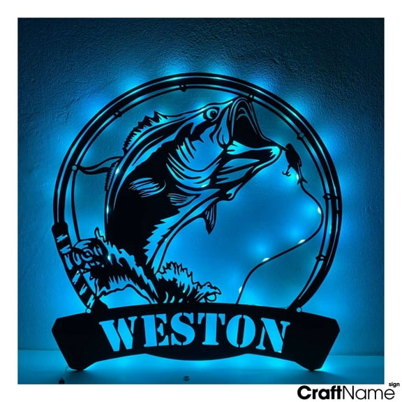 Craftnamesign Custom Bass Fishing Metal Sign LED Light, Fishing Name Sign Wall Art