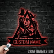 Craftnamesign Custom Bass Fishing Metal Wall Art LED Light, Personalized Fisherman Name Sign