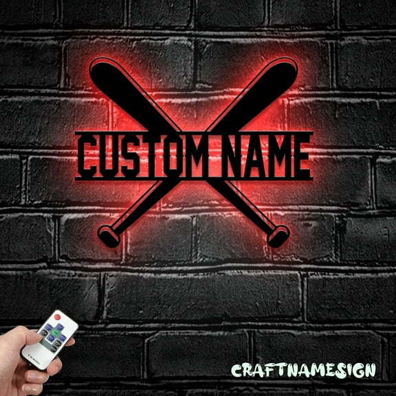 Craftnamesign Custom Bat Baseball Metal Sign LED Light, Softball Sign, Baseball Wall Sign