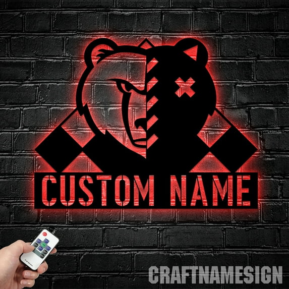 Craftnamesign Custom Bear Metal Wall Art Led Light, Grizzly Bear Sign Metal Sign, Bear Sign Decor