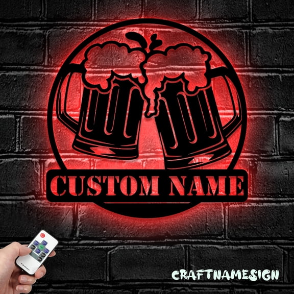 Craftnamesign Custom Beer Bar Metal Wall Art LED Light, Beer Mug Cheers Name Sign Home Decor