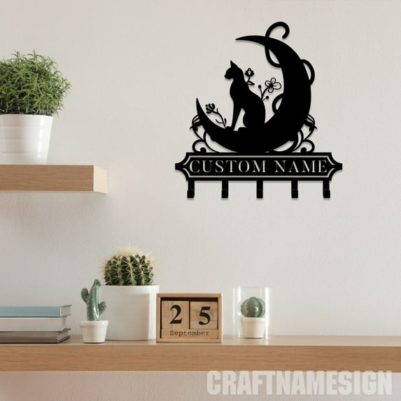 Craftnamesign Custom Black Cat On The Moon Metal Key Holder, Cat Decor Key Holder, Cat Key Hanger