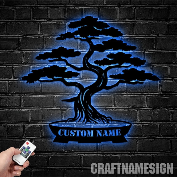 Craftnamesign Custom Bonsai Garden Metal Wall Art LED Light, Personalized Name Sign