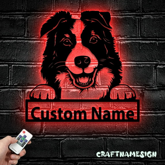 Craftnamesign Custom Border Collie Metal Wall Art LED Light, Custom Dog Lover Name Sign Decor