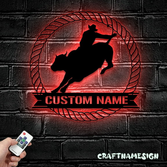 Craftnamesign Custom Bull Rider Metal Wall Art LED Light, Personalized Rodeo Name Sign