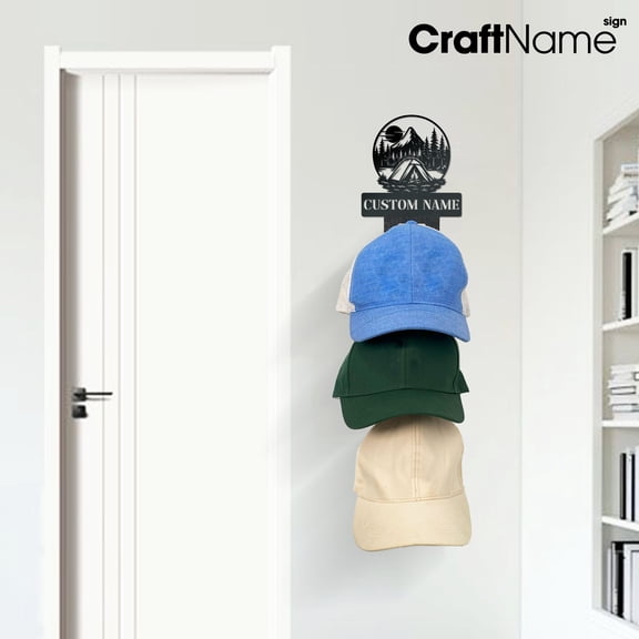 Craftnamesign Custom Camping Metal Hat Rack, Unique Wall Mounted Cap Organizer, Camping Lover Gift