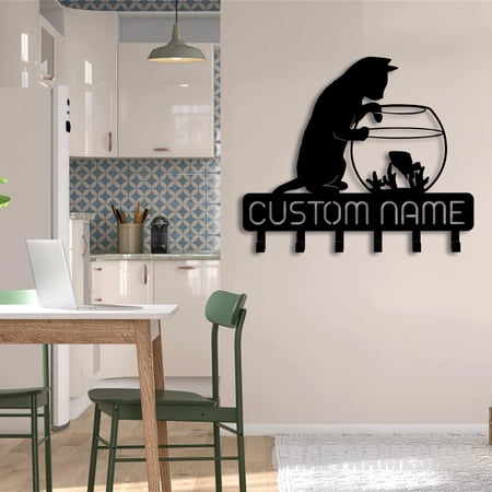 Craftnamesign Custom Cat Catching Fish Metal Key Holder, Metal Coat Rack, Cat Metal Key Hanger