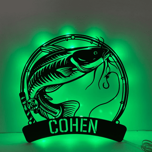Craftnamesign Custom Catfish Metal Wall Art LED Light, Fishing Name Sign Wall Hanging
