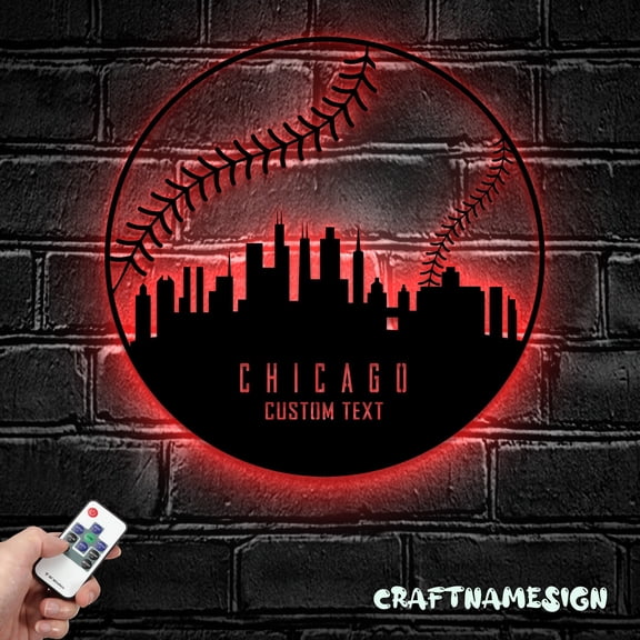 Craftnamesign Custom Chicago Skyline Metal Sign LED Light, Softball Sign, Baseball Metal Sign