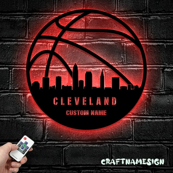 Craftnamesign Custom Cleveland Skyline Basketball Metal Sign LED Light, Basketball Player Name Sign