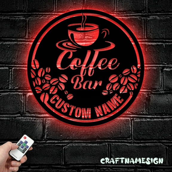 Craftnamesign Custom Coffee Bar Metal Wall Art LED Light, Personalized Coffee Lover Name Sign