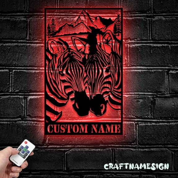 Craftnamesign Custom Couple Zebra Horse Metal Wall Art LED Light, Custom Zebra Lover Name Sign