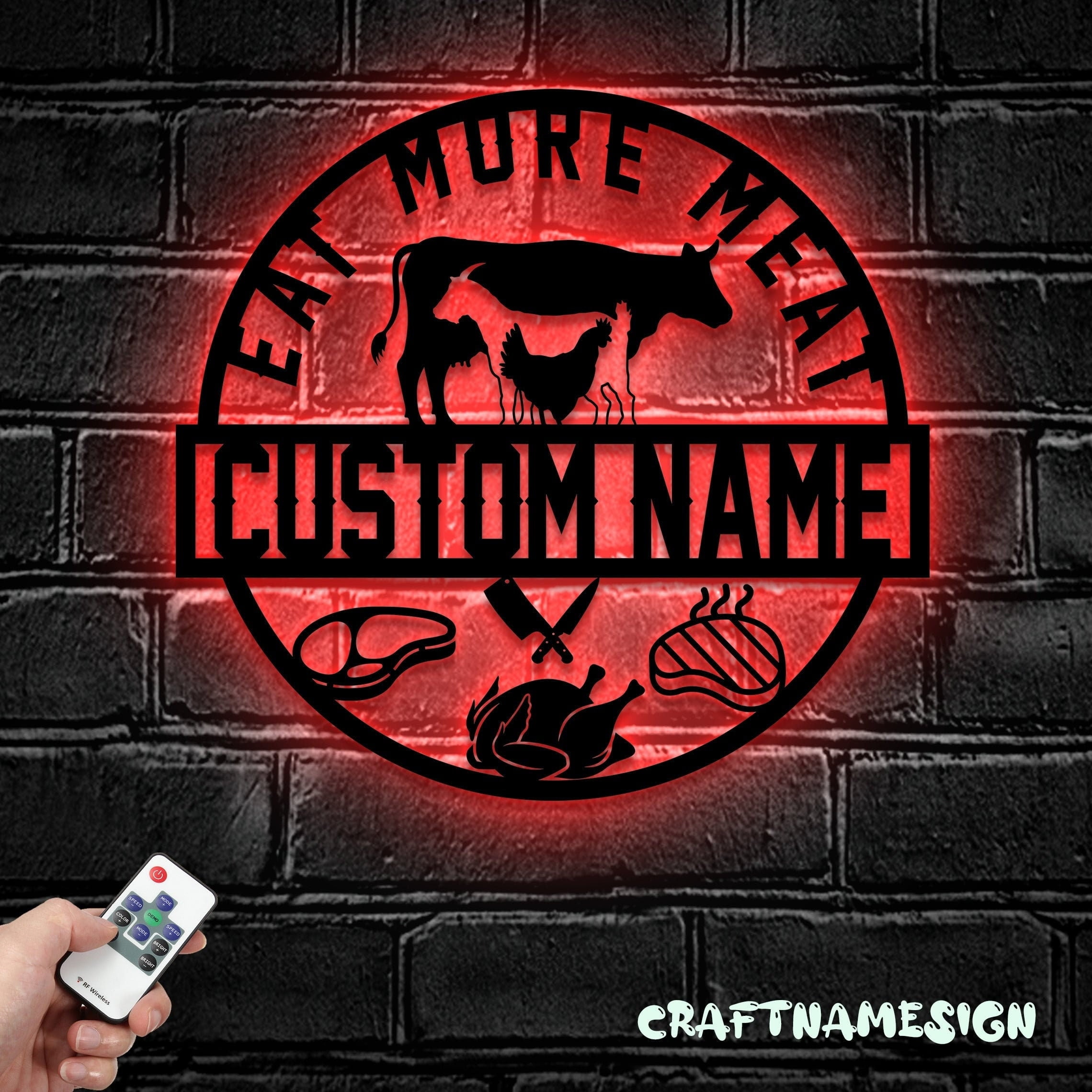 Craftnamesign Custom Cow Goat Chiken Meat Shop Metal Wall Art LED Light