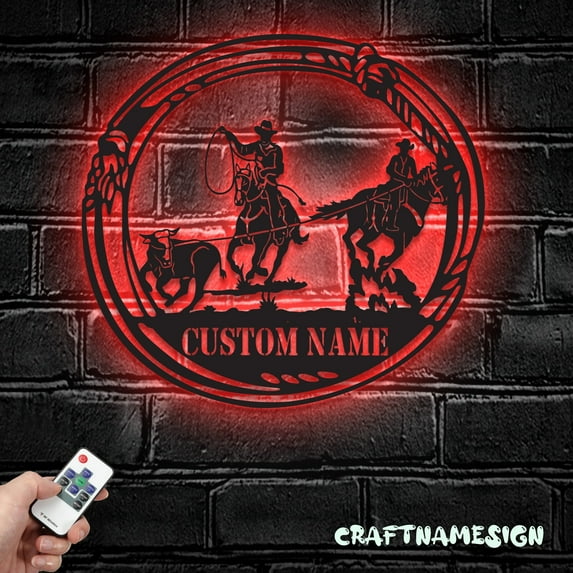 Craftnamesign Custom Cowboy Roping Metal Wall Art LED Light, Personalized Tie Down Roper Name Sign