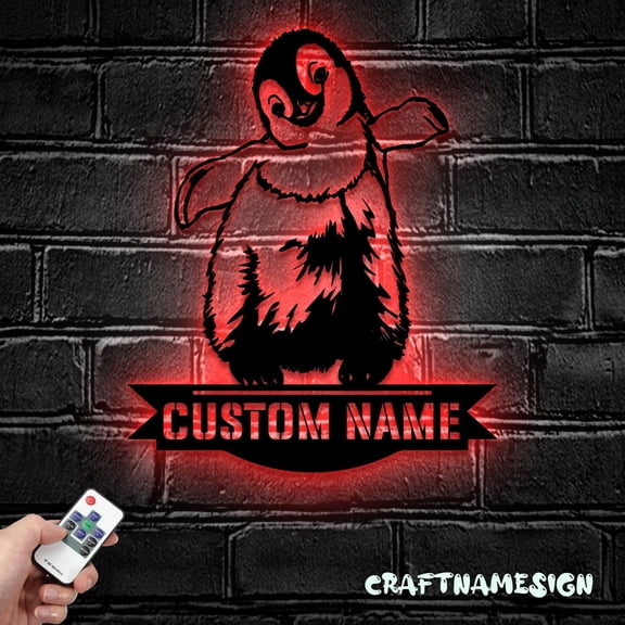 Craftnamesign Custom Cute Floral Penguin Metal Wall Art LED Light, Personalized Penguin Name Sign