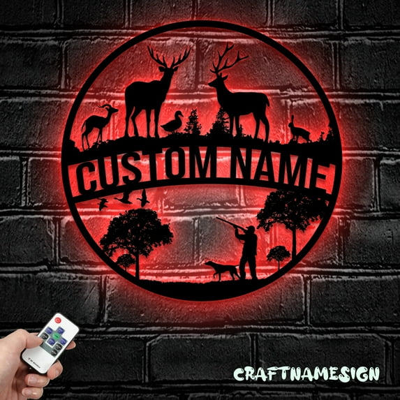 Craftnamesign Custom Deer Duck Hunting Metal Wall Art LED Light, Personalized Hunter Name Sign