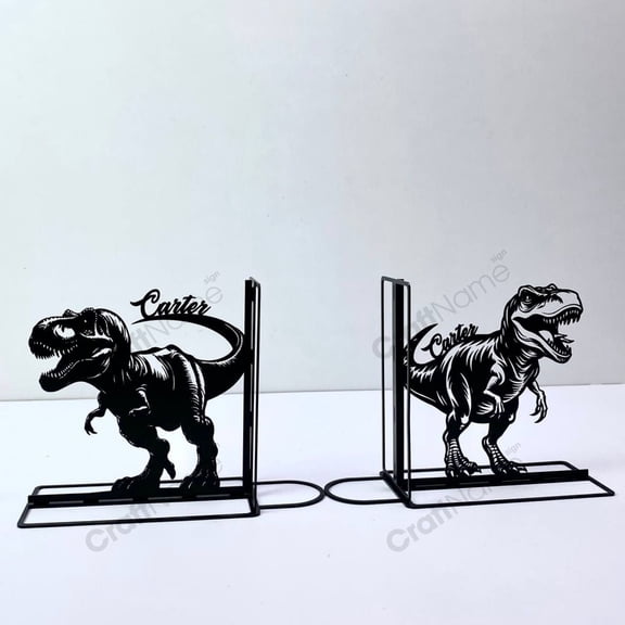 Craftnamesign Custom Dinosaur Metal Bookends for Shelves, Dinosaur Book Stand Black Metal Art