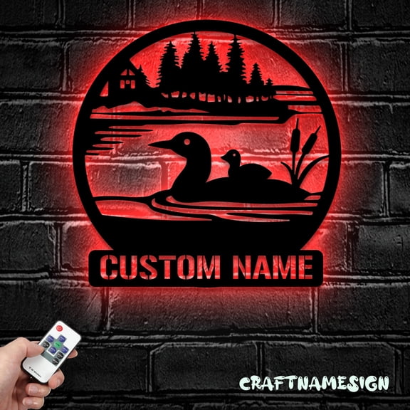 Craftnamesign Custom Duck Cabin Metal Wall Art LED Light, Custom Duck Lake Loon Scene Name Sign