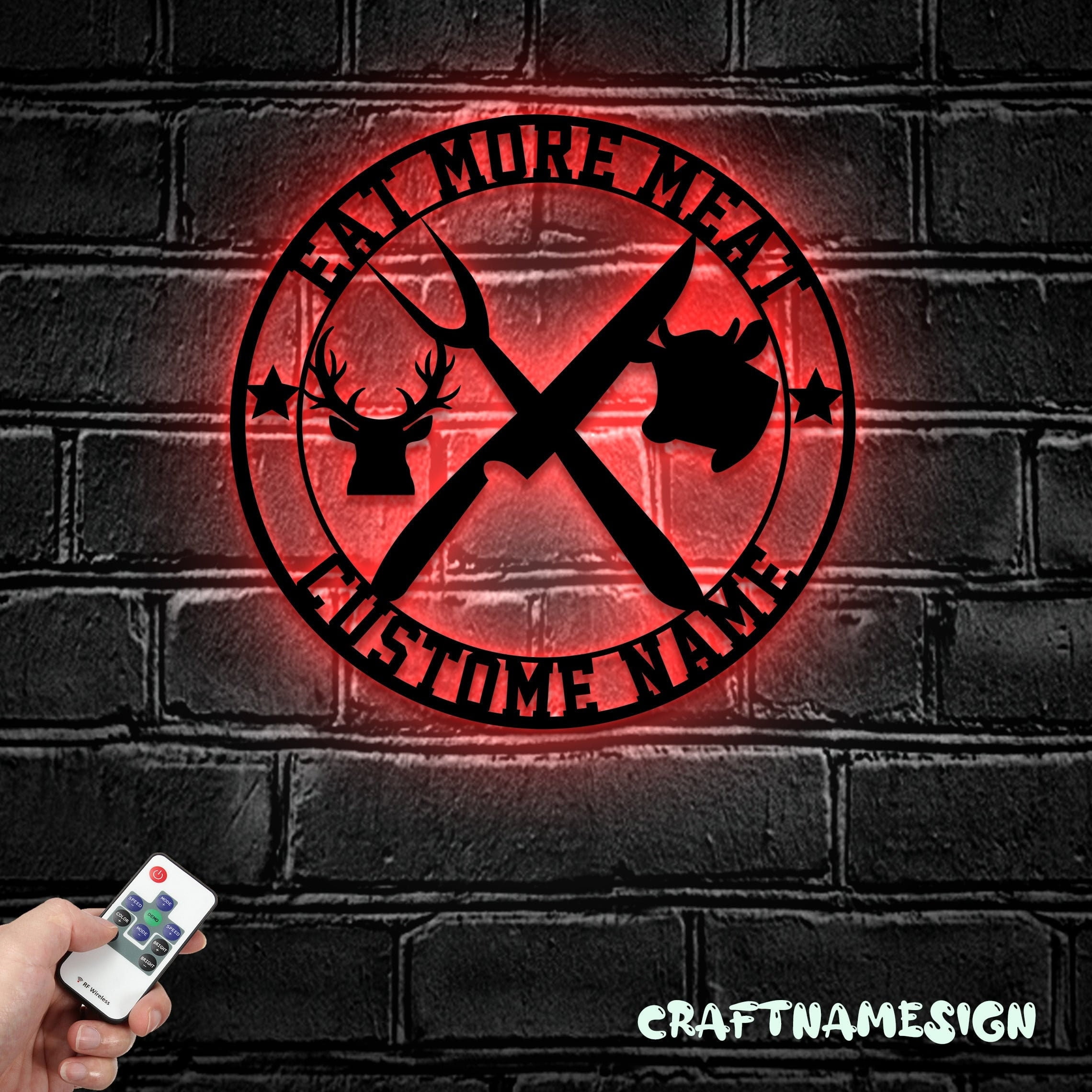 Craftnamesign Custom Eat More Meat Shop Metal Sign LED Light, Butcher