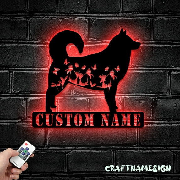 Craftnamesign Custom FLoral Alaskan Malamutes Metal Wall Art LED Light, Custom Flower Dog Decor
