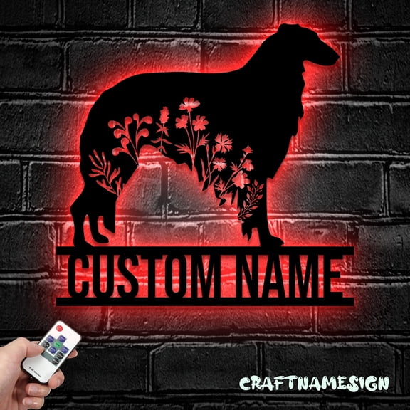 Craftnamesign Custom FLoral Borzoi Metal Wall Art LED Light, Personalized Flower Dog Name Sign
