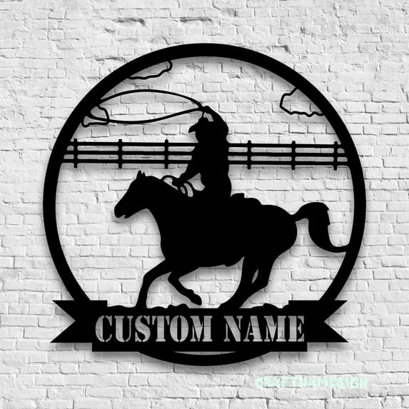 Craftnamesign Custom Cowboy Riding Horse Metal Wall Art LED Light, Custom Cowboy Name Sign