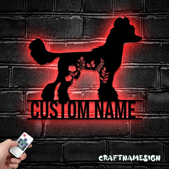 Craftnamesign Custom FLoral Chinese Crested Metal Wall Art LED Light, Flower Dog Lover Name Sign